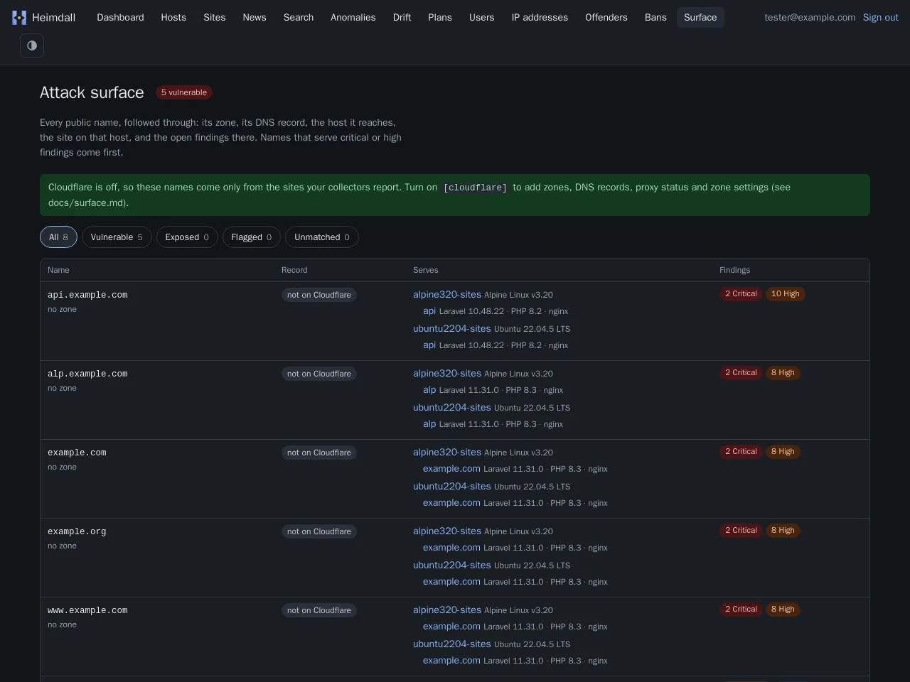 Attack surface page listing public hostnames, the hosts and Laravel sites they serve, and their critical and high findings.
